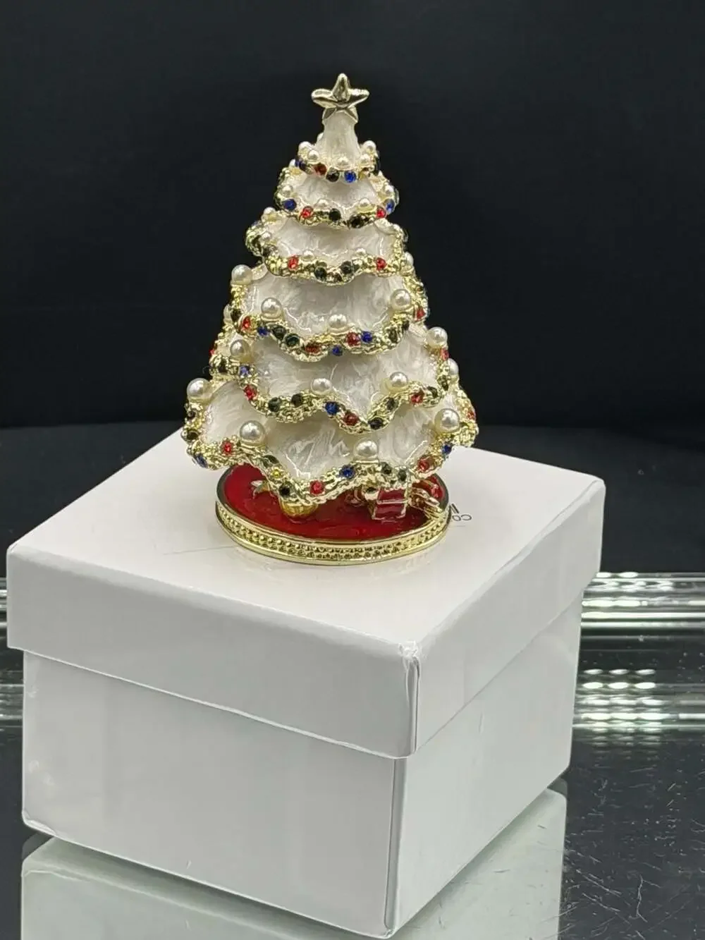 Jeweled Christmas Tree Enameled Hinged Trinket Jewelry Box